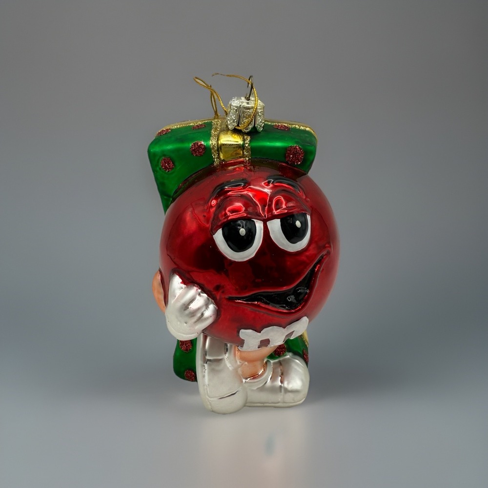Red M&M's Glass Christmas Ornament by Kurt Adler Red Present 5" Tall